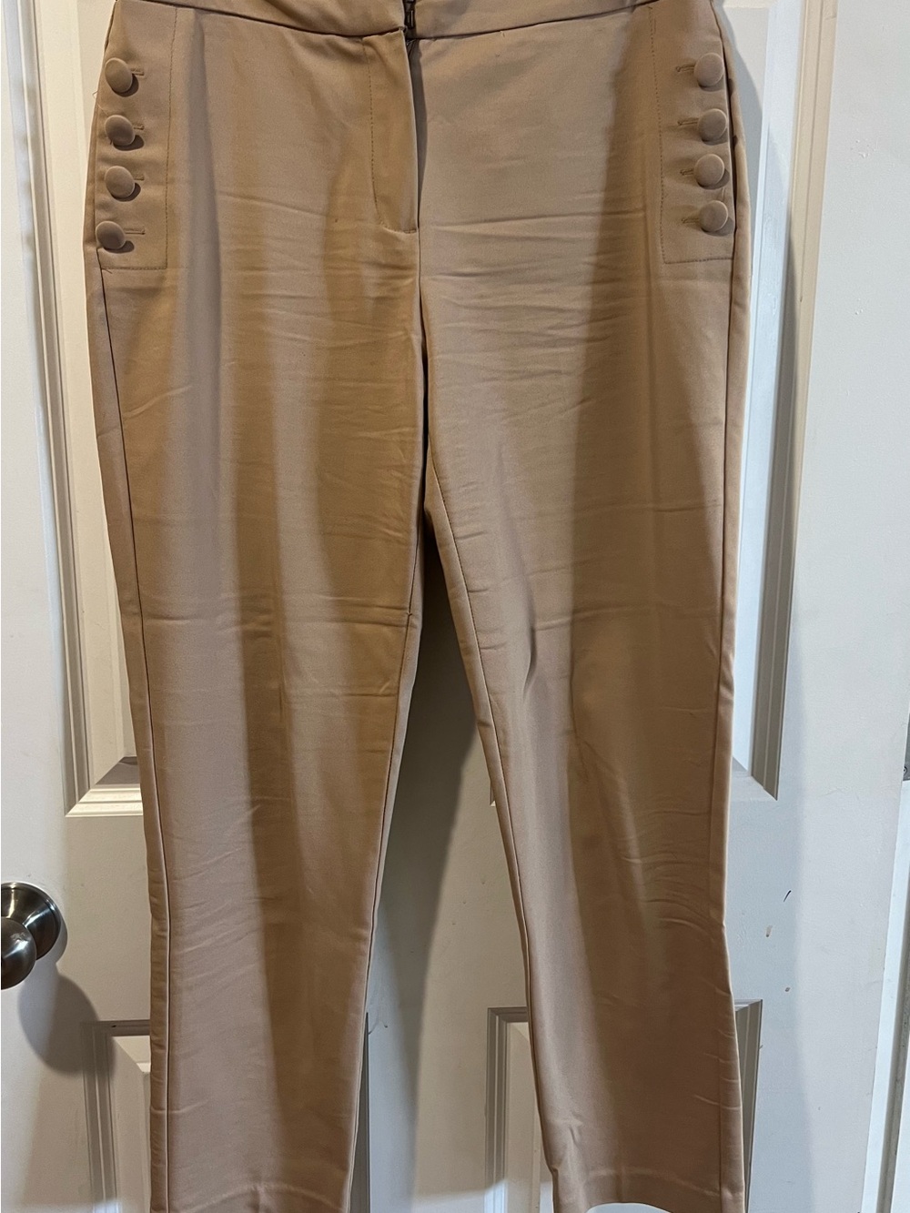 Button-Trim High-Rise Skinny Pants in Taupe